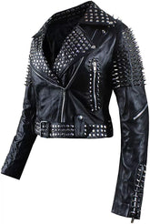 Womens Britney Spikes Brando Biker Vintage Motorcycle Studded Black Leather Jacket
